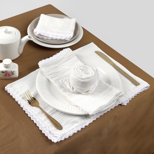 Image of FINGERCRAFT Cloth Napkins Set of 8, 20x20 Inch, Soft Cotton Muslin Dinner Napkins with Lace Edge, Reusable Washable Table Napkins for Wedding, Party, Dining & Home Decor (Off-White)