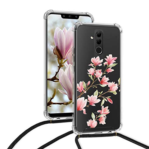 Huawei Mate 20 Lite Hülle – mit Kordel zum Umhängen – Silikon Handy Schutzhülle für Huawei Mate 20 Lite – Magnolien Design Rosa Weiß Transparent - 4