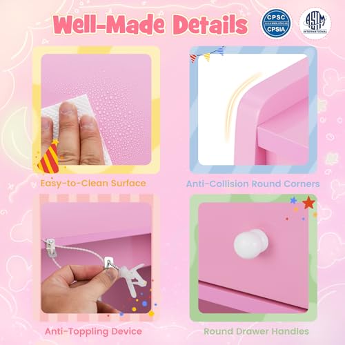 Image of HONEY JOY Kids Vanity, Little Girls Vanity Set with Mirror and Stool, Drawers, Toddler Makeup Vanity Dressing Table, Wooden Pretend Play Kids Vanity Table and Chair Set (Pink)