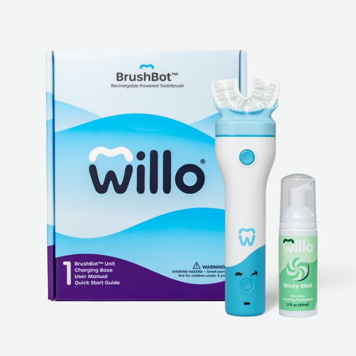 Willo BrushBot Kids U-Shaped Electric Toothbrush Starter Kit, Automatic, Rechargeable, with 2 Minute Timer, App Connectivity, Soft Bristles, Plaque Removal, Large Mint Fluoride and Dye-Free