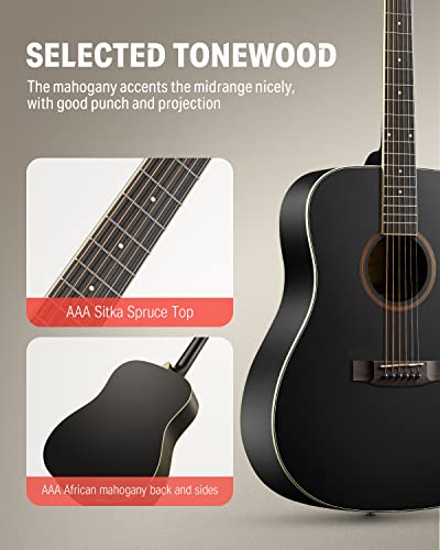 Donner Black Acoustic Guitar For Beginner Adult With Free Online Lesson Full Size Dreadnought Acustica Guitarra Bundle Kit With Bag Strap Tuner Capo Pickguard Pick, Right Hand 41 Inch, Dag-1B/Dad-160D #TOP2