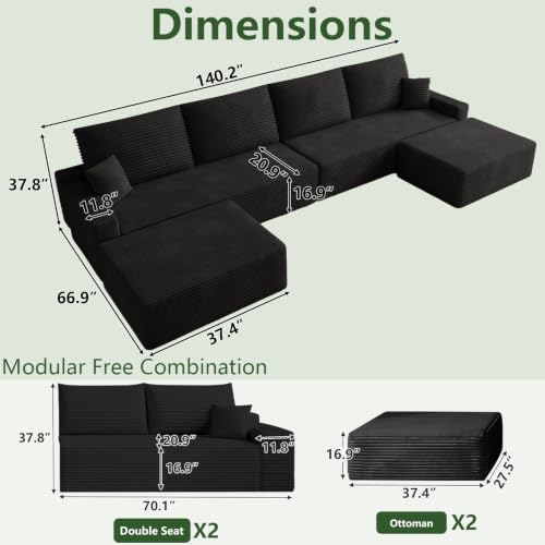 Image of Oversized Modular Sectional Sofa Couch, Large 6 Seater Corner Sofa Modern U Shaped Sectional Couch with Ottoman Cloud Couches for Living Room, Office, Spacious Space, Corduroy, No Assembly, Black