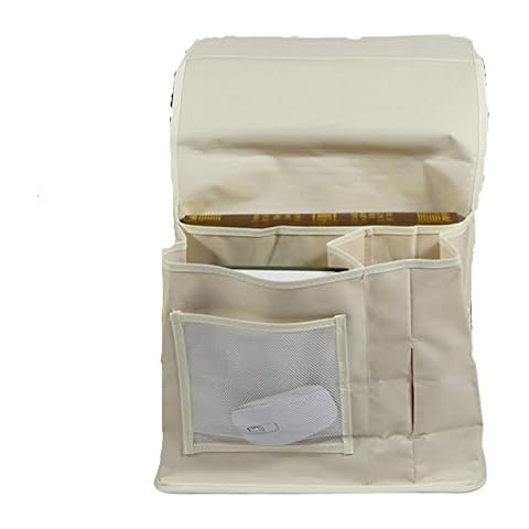 WSLCN Oxford Bed Pockets Portable Remote Control Bedside Storage Caddy Hanging Organizer Bag with 6 Pockets Bed Sofa Organizer for Magazine Tissue Phone Beige Cover