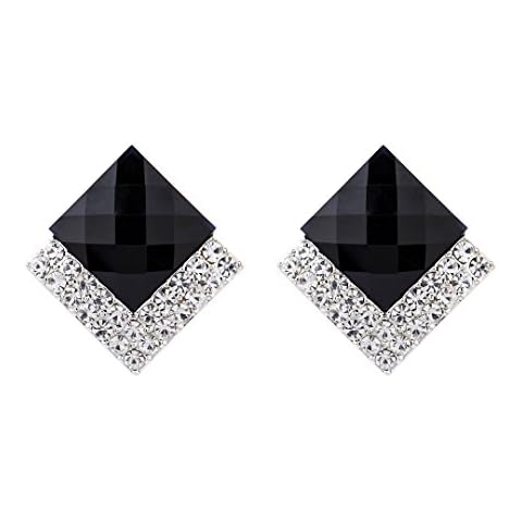 Clip On Earrings - Silver Plated With Black Stone And Crystal Stud - Bess BK Cover