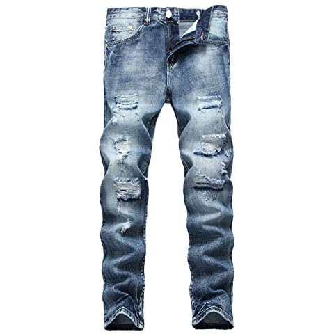 Enrica Men's Ripped Distressed Destroyed Straight Fit Washed Denim Jeans (32, Light Blue) Cover