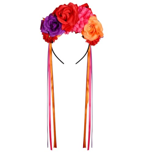 Nydotd Mexican Rose Flower Crown Headband for Women, Floral Fall Day of The Dead Headpiece for Halloween Costume Party (Red Purple)