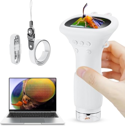Microscope for Kids, 2'' Inch HD Screen Pocket Portable Microscope, 1000x Magnification Mini Magnifying Glass with Light for Kids, for 3-12 Girls & Boys - White