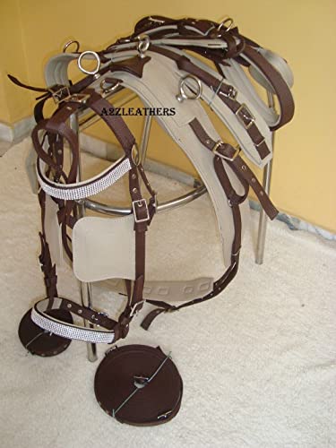 Deluxe Nylon Horse Cart Driving Harness in Beige and Brown | Available in 5 Sizes - Full, Cob, Pony, Shetland, & Mini | (Mini)