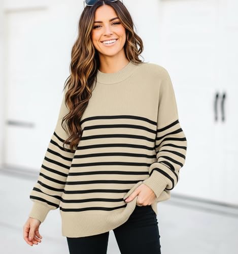 Image of Womens Oversized Sweaters Fall 2026 Fashion Clothes Colorblock Knit Tops | ETCYY Striped Sweaters For Women Trendy,Batwing Sleeve Oversized Sweater Pullover Tops,Cute,Spring Winter Fall Outfits