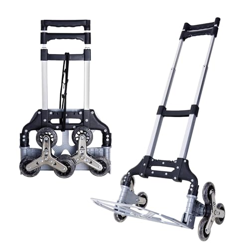 Image of BonKaso 60kg Foldable Stair-Climbing Trolley with 3 Puncture-Proof Wheels | Heavy-Duty Aluminium & ABS Plastic Hand Truck | Luggage Cart for Boxes, Appliances & Travel Use (47.5x44.5x100.5cm) Silver
