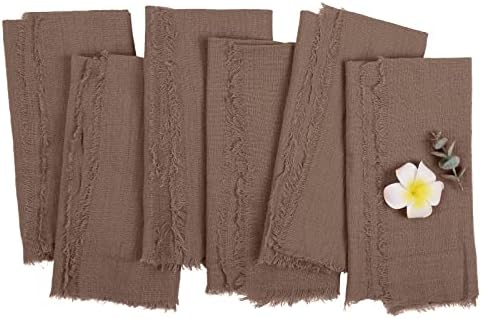 Handmade Cloth Napkins,Delicate Cotton Cloth Napkins with Fringe Set of 6,18 x 18 Inch Reusable Soft Napkins for Dinner,Party,Weddings,Christmas,Thanksgiving Day,Halloween（Brown）…
