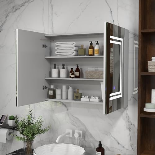 kleankin Armario de Baño con Espejo con Luz LED Camerino de Baño con Color de Luz Ajustable y 2 Puertas Estantes Ajustables Interruptor Táctil y 80x15x65 cm Blanco Brillante