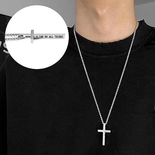 Tocliu Men's Cross Necklace, 20In Stainless Steel Cross Pendant Silver Chain Necklaces Jewelry Christmas Christian Baptism Birthday Gifts Cross Necklace For Men,Father, Husband, Boys, Boyfriend #TOP2