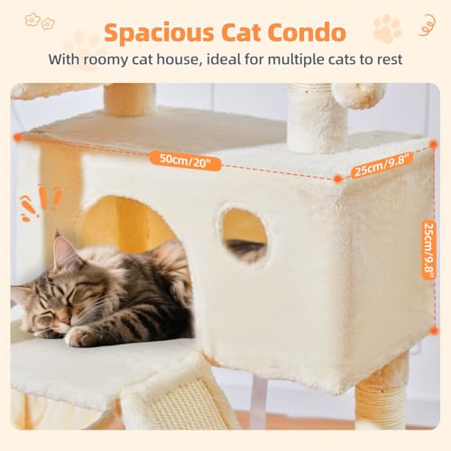 Image of Taoqimiao Cat Tree 57.5-Inch, Cat Tower for Indoor Cats Large Adult, Extra Large Cat Condo, 8 Sisal Scratching Posts, Metal Frame Cozy Hammock, Durable Scratch Board, 2 Top Perches, Beige MS026M