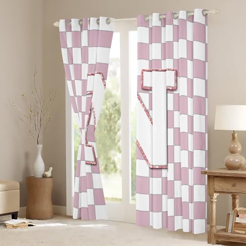 Image of Erosebridal Pink Initial N Window Drapes Kawaii Plaid Checkered Blackout Curtains 38 inchWx54 inchL Cute Personalized Monogram Curtains for Kids Girls Bedroom,Fashion Grids Gingham Window Treatments 2 Panels