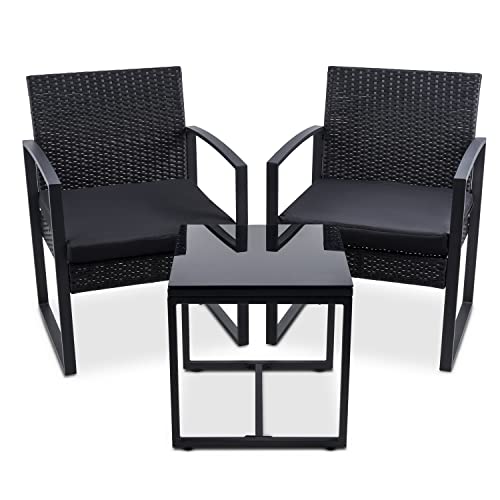 SA Products 3-Piece Garden Furniture Set - 2 Patio Chairs with Armrests, 1 Table Garden Set - Steel Frame, 5cm Cushions, Polyester Cover, 5mm Black Glass - Garden, Bistro, Balcony Furniture - Black