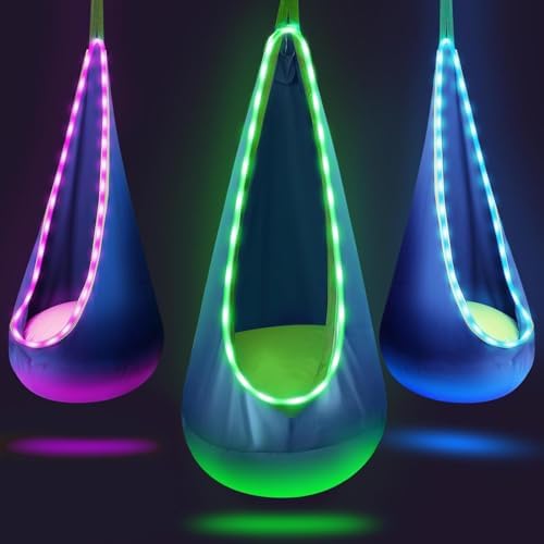 blue swing chair pod with LED lights