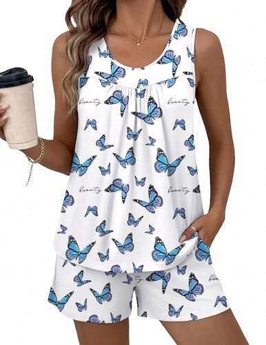 Image of Ekouaer Womens Sleeveless Pajama Sets Summer Tank Tops Pjs 2 Piece Lounge Set Comfy Shorts Sleepwear with Pockets