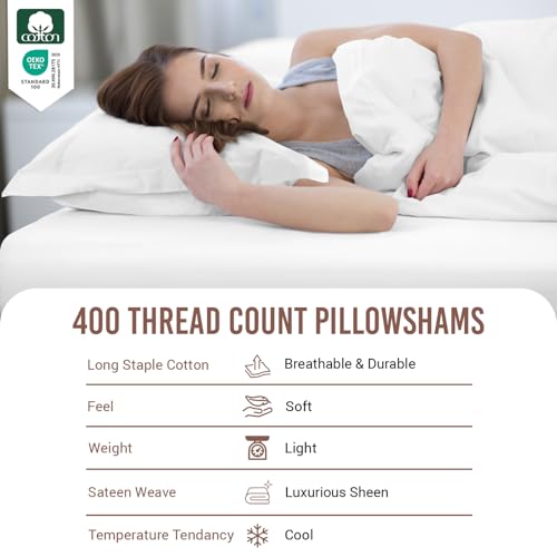 Pizuna Pure 100% Cotton Pillow Shams Queen Size Set of 2 White, Luxurious 400 Thread Count Long Staple Cotton Sateen with Envelope Closure (Combed White Cotton Pillow Shams Queen)