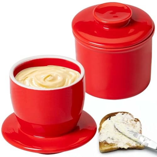 Burriera francese, in ceramica con coperchio rotondo, raffreddato ad acqua con linea di galleggiamento, campana per burro in ceramica, per burro spalmabile, rosso