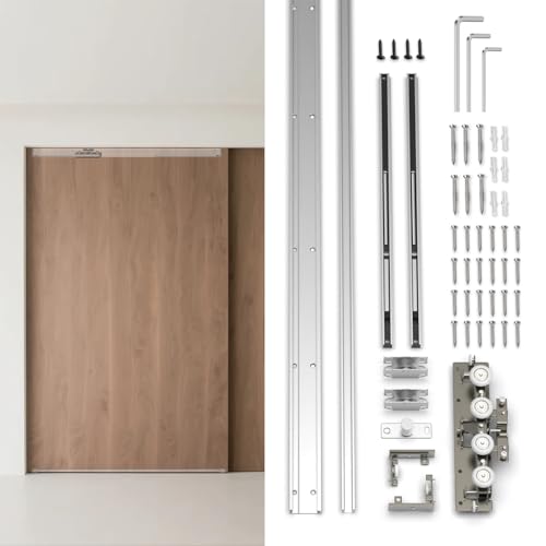 30-47 Inch New Heavy Duty Hidden Sliding Barn Door Hardware and Track, Floating Wall Mounted Invisible Sliding Door Track, Soft Close, Quiet, Easy Install (Can Installed on Doors up to 47 Inch)