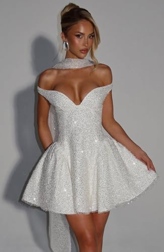 POMUYOO Off Shoulder Sequin Homecoming Dresses for Teens Scarf Short Sparkly Formal Cocktail Party Gowns3