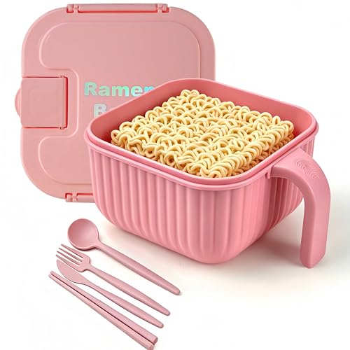 Ramen Bowl Set,Ramen Noodle Bowls for for Large Square or Round Noodle Microwavable 45 oz, Ramen Cooker, Microwave Pasta Cooker, Food Container Microwave Gift for College Male Female Dorm Room (pink)