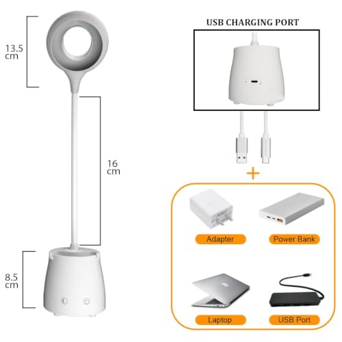 Image of fizzytech 360 Flexible LED Desk Lamp with Pen Holder & Mobile Stand - Touch Control Adjustable Table Light for Reading, Studying, Office & Home Use (White)