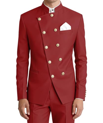 Wrycay 2 Piece Mens Suits Chinese Tunic Slim Fit Suit Traditional Mandarin Collar Men Tuxedo for Casual Wedding Outfit,Dark Red,3XL