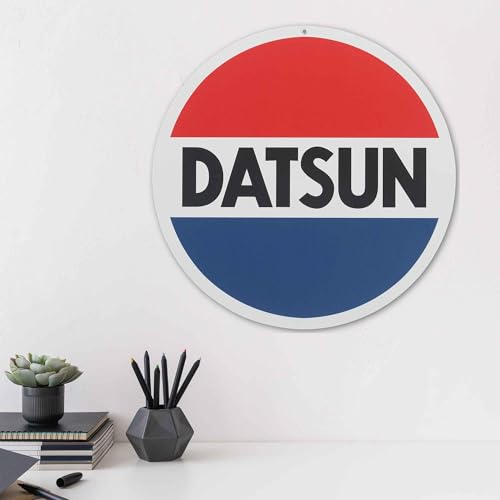 Image of Nissan Datsun Logo Round Metal Sign - Classic Datsun Wall Decor for Garage, Shop or Man Cave