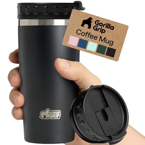 GORILLA GRIP 304 Stainless Steel Double Insulated Travel Coffee Mug, Leakproof Lid with Smooth Sip Top, Prevent Spills, Dent & Rust Resistant Reusable Tumbler Cup, Thermal Mugs for Drinks, 20oz, Black
