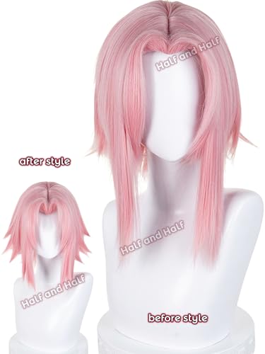 Image of Half and Half Short Pink Anime Cosplay Wig Light Pink Fluffy Spiky Layered Wigs with Widow's Peak for Women Halloween Party Daily