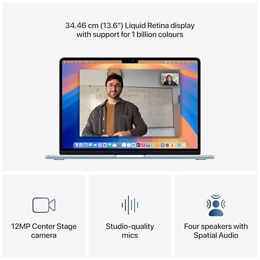 Apple 2025 MacBook Air 13″ Laptop with M4 chip: Built for Apple Intelligence, 34.46 cm (13.6″) Liquid Retina Display, 16GB Unified Memory, 512GB SSD Storage, 12MP Camera, Touch ID; Sky Blue