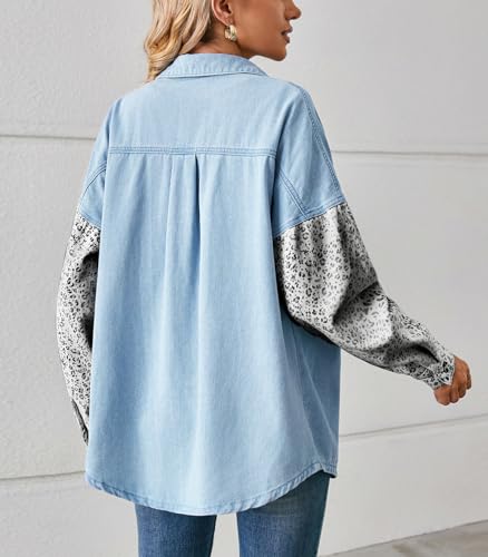 ebossy Women's Spliced Leopard Print Denim Shirt Button Down Casual Jean Jacket Top2