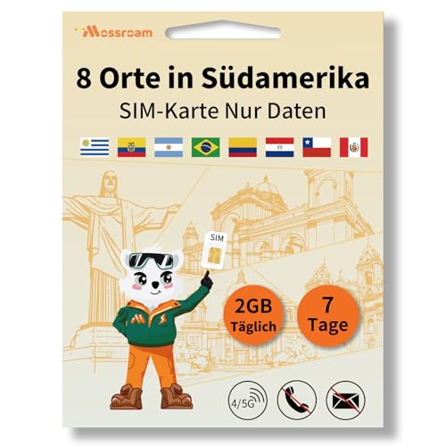 SIM-Karte für 8 Länder in Südamerika – Prepaid-Datentarife | 2 GB Daten täglich, 7 Tage | Highspeed-Internet | Ideal für Reisende