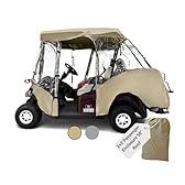Formosa Covers 2+2 Golf Cart Enclosure Cover Drivable All-Weather Rain & Wind Covers Durable YKK Door Zippers - 4 Passenger Golf Cart Rain Cover Short Roof 58" EZGO, Club Car 360 Clear Windows | Taupe
