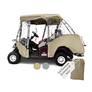 Formosa Covers 2+2 Golf Cart Enclosure Cover Drivable All-Weather Rain & Wind Covers Durable YKK Door Zippers - 4 Passenger Golf Cart Rain Cover Short Roof 58" EZGO, Club Car 360 Clear Windows | Taupe