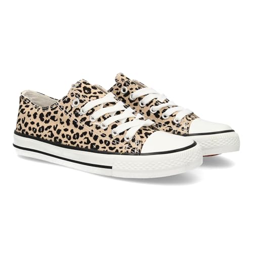 96538 Zapatilla Plana de Mujer, Comoda, con Material de Lona, Estilo Bamba Casual, y Cierre de Cordones Leopardo Talla 38