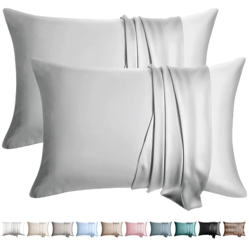 Image of 100% Silk Pillow Cases 2 Pack Queen Size Mulberry Silk Pillowcase for Hair and Skin Set of 2 Highest Grade 6A Silk Soft Breathable Cooling with Hidden Zipper, Light Grey