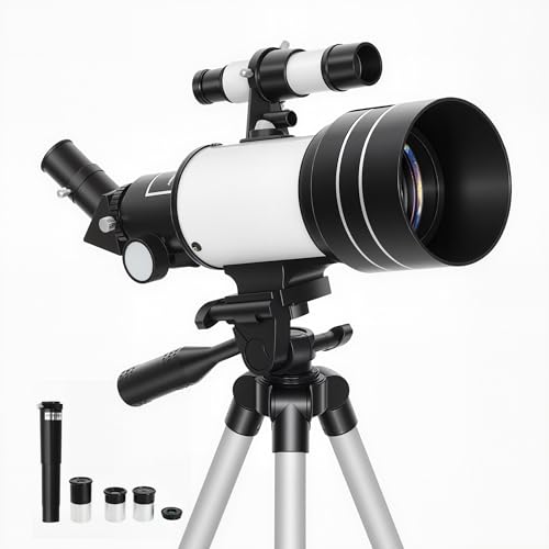 Outsunny Telescopio Astronómico para Adultos y Principiantes, Apertura de 70 mm, 30X-300X, 300 mm Telescopio Refractor Astronómico Portátil, con Lente Barlow 3X, Nivel y Trípode Ajustable de Aluminio