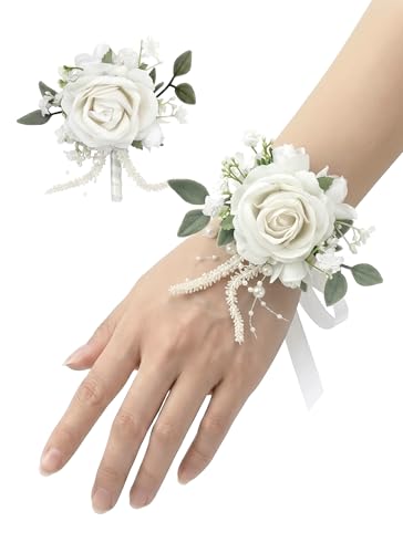 PartyforU White Rose Corsage and Boutonniere Prom Wrist Corsages and Boutonniere Set for Men Women Party Wedding Boutonnieres and Corsage Wristlet Kit for Groom Groomsmen Bride Bridesmaid