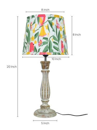 Image of Green Girgit Athens Wooden Lamp in Distress White Color with Pleeted Multiolor Yellow Leaves Shade, Vintage Style Table Lamp with Tropical Print Shade, Decorative Bedroom Lighting (LED Bulb Included)
