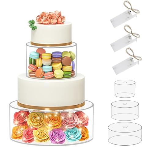Dotata di luci a filo: Questa alzata per torte in acrilico è dotata di 3 luci a filo ed è alimentata da 2 batterie AA (non incluse), contribuendo a migliorare l'atmosfera della festa. Questa combinazione intelligente può soddisfare le tue esigenze quotidiane di decorazione di torte