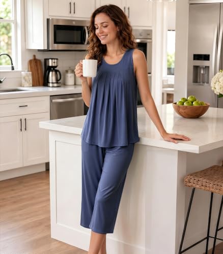 Image of NACHILA Pajamas for Women-Viscose Made from Bamboo, Sleeveless Pjs Tank Top Capri Pants Pajama Sets Cooling Sleepwear