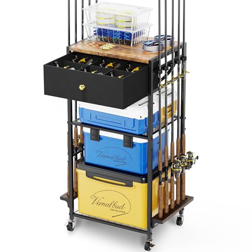 BEGULF Fishing Rod Holders for Garage Holds Up To 10 Rods, 360 Degree Rotating Fishing Pole Holder, Tackle Storage Cart Fishing Gear and Equipment Organizers, Fishing Gifts for Men Women (Black)