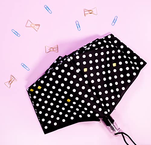 Kate Spade New York Black/White Travel Umbrella, Lightweight Compact Umbrella With Storage Sleeve, Polka Dots #TOP6