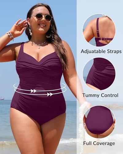Image of Women Plus Size One Piece Swimsuits Tummy Control Twist Front Bathing Suit | Unremovable Bra, Sweetheart Neckline, Wide Adjustable Straps, Ruched Stomach, Side-Splicing Design, Full Coverage Bottom