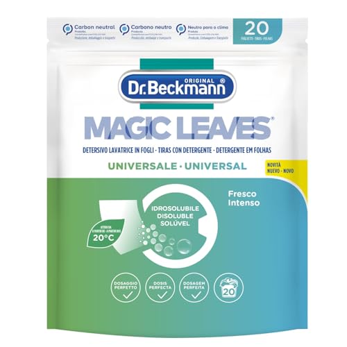 Dr. Beckmann MAGIC LEAVES Tiras con detergente UNIVERSAL | tiras prácticas y predosificadas para la colada | Hidrosolubles y fáciles de usar | 20 tiras