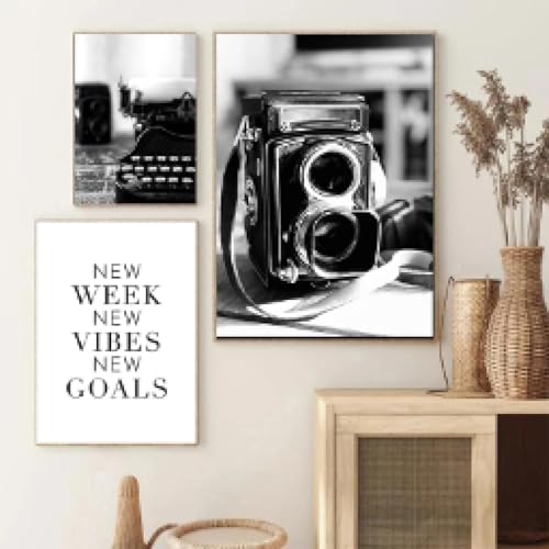 XINBAO Poster retrò nero con cassetta, macchina fotografica, macchina da scrivere, stazione ferroviaria, quadri su tela per soggiorno, casa, 70x90cmx3 senza cornice