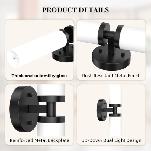 Image of Wall Sconces Set of 2, Matte Black Hardwired Bathroom Light Fixtures, Modern Bathroom Vanity Wall Lighting with Milky White Glass Shade, Farmhouse Wall Sconce for Bedroom Living Room Hallway